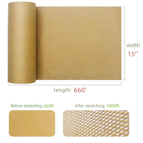 Dish Packing Kit Moving Supplies 15" x660' Honeycomb Wrapping Paper, Large Recyclable Expandable Bubble Cushion Wrap Roll Packing Material for Fragile Items Breakables Plate Glassware Bottle, 80GSM - size: 15 inch * 660 feet