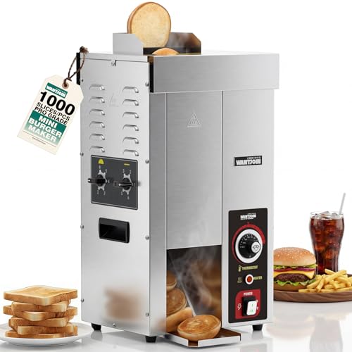 WantJoin Commercial Burger Machine - 1000 Slices/H, Automatic Commercial Conveyor Toaster, Pro EGO Temp Control Vertical Contact, Evenly Heating Adjustable Thickness for Hamburger Bun 1500W