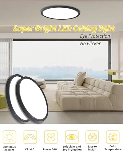 6pack 12 Inch Flush Mount Ceiling Light, 24w Led Ceiling Light, 3000k/4000k/6000k Selectable 2520lm Ceiling Lights, Super Slim Led Light Fixture For Bedroom Kitchen Living Dining Room Office (Black) - color: Black, size: Standard-12Inch-6Pack