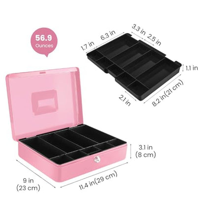 Flexzion Small Cash Box with Money Tray and Lock, 11.4-Inch, Pink - color: Pink