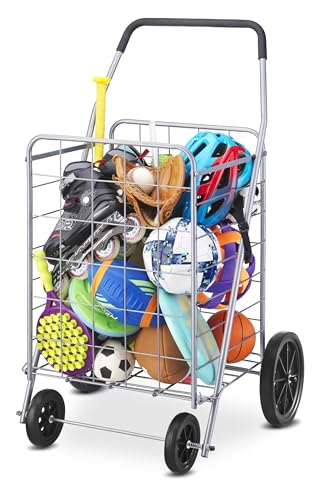 Whitmor Deluxe Utility Foldable Shopping Cart with Wheels, 100 Lb Capacity, Heavy Duty Grocery Cart with Steel Frame, Foam Handle, Rolling Folding Utility Trolley for Grocery, Laundry, Travel, Gray - size: 15.75"L x 17.75"W x 40.5"H, Light Gray