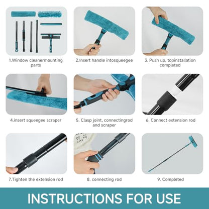 Buysenton Professional 2-in-1 Window Squeegee Cleaner Tool with 62" Extension Pole, Rotatable Bendable Head & Scrubber, Car Glass Cleaning Kit for Windows, Shower, Gas Station - 1 Blade 2 Scrubber