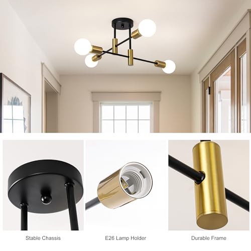 Garwarm 2 Pack 4-Light Industrial Semi Flush Mount Sputnik Ceiling Light Fixture, Black and Gold Modern Sputnik Chandelier for Porch Bedroom Hallway Kitchen Farmhouse - color: 2 Pack 4-Lights,Black & Gold