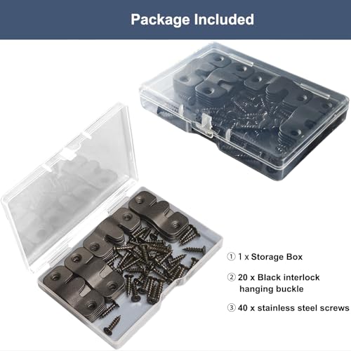 20Pcs Black Flush Mount Bracket 1.73" x 0.75" Stainless Steel Interlock Photo Hanging Buckle, Heavy Duty Picture Hanger Sectional Connector Z Clips Headboard Wall Mounting Brackets with Screws - size: 1.73" x 0.75"/ 2 hole