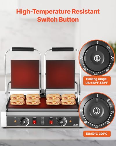 VEVOR Commercial Panini Grill, 3600W Electric Sandwich Panini Maker, Stainless Steel Double Sandwichs Press with Handle and Temp Control, 19x9 in Full Flat Enamel Plate, for Hamburger Steak Bacon