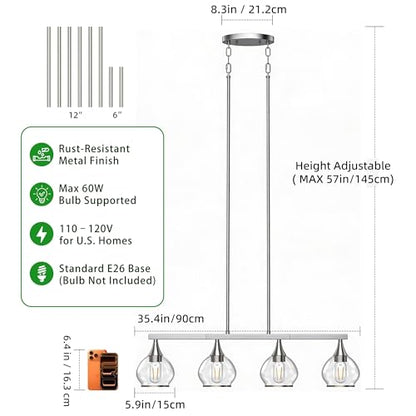 Phaosio Kitchen Island Linear Pendant Light, 4-Light, E26 Base - color: Brushed Nickel, size: 4-Light