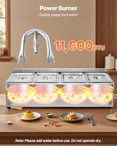 VEVOR 4-Pan Commercial Propane Steam Table, LP Gas Outdoor Soup Warmer with Drain Valve, Stainless Steel Propane Food Warmer with Adjustable Temperature, for Restaurant Party Outdoor Camping - size: 4×1/2 Pan;48QT