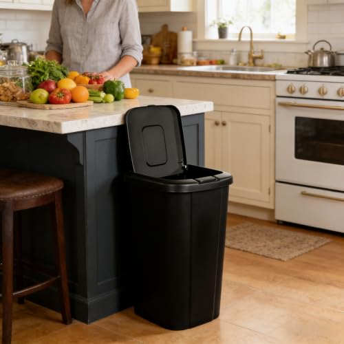 13.3 Gallon Trash Can, Touch Top Push Button Lid, Black Durable Plastic