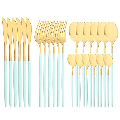 Mirror Cutlery Serving Set, 24-piece 18/0 Stainless Steel Silverware With Mint Green Handle Simple & Modern Tableware For Home Party Dinner, Service For 6 (Mint Green Gold) - color: Mint green gold