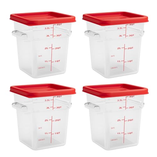 4 Quart Set of 4 Food Storage Containers,Commercial Clear Square Food Storage Containers with Lids and Handles(BPA FREE) - color: Red-4Pack-4qt