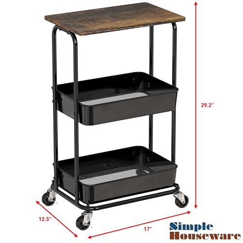 Simple Houseware 2-Tier Utility Cart Wood Top/Lockable Wheel, Rustic Brown - color: Rustic Brown