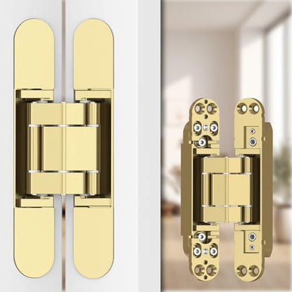 Hidden Door Hinges 2 Pack 6 inch 3-Way Adjustable 180° Gold Concealed Hinge - color: Gold, size: 6 Inch