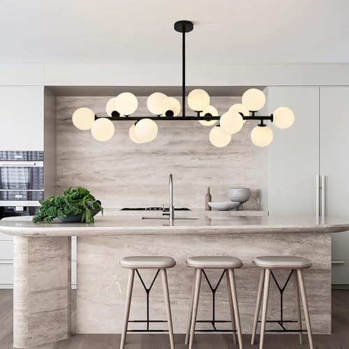 KCO Lighting Farmhouse Dining Room Chandelier Globe Linear Chandelier Black Milk Glass Chandelier 16 Light Sputnik Chandelier Mid Century Modern Hanging Pendant Light Fixture - color: 16 Light-Black
