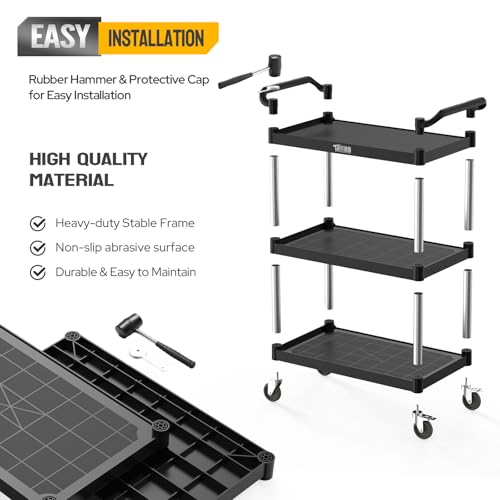 TUFFIOM Plastic Service Utility Cart with Wheels,Heavy Duty 450lbs Capacity, 3-Tier Commercial Rolling, Ideal for Restaurant, Foodservice, Office, Warehouse, Black 39.8''L x 19.1''W x 38.4''H - size: Black 39.8''L x 19.1''W x 38.4''H