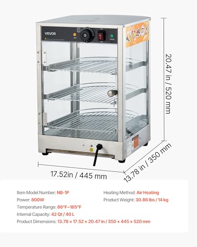 VEVOR 3-Tier Commercial Food Warmer Display, 800W Food Display Warmer with LED Light, Adjustable Shelf and Stainless Steel Frame, 86℉~185℉ Air Heating, 60L for Hamburger, Pizza, Bread, Fried Chicken - size: 3-Tier-42Qt