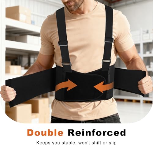 2-in-1 Work Back Brace for Men & Women, Adjustable Lumbar Support Belt with Detachable Shoulder Suspenders, Lower Back Support Lifting Belt for Moving, Construction, Warehouse Heavy Work - size: Large