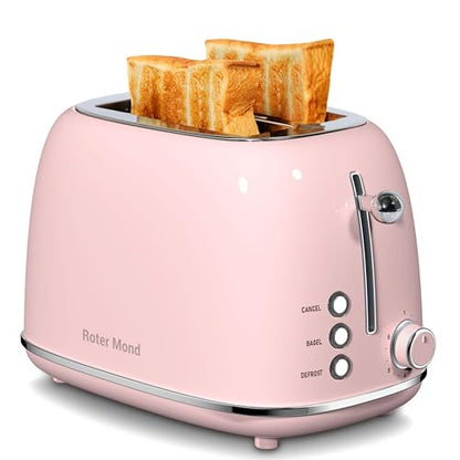 Roter Mond 2 Slice Toaster Retro Stainless Steel with Bagel, Cancel, and Defrost Functions, 6 Bread Shade Settings, Extra Wide Slots and Removable Crumb Tray, Pink - color: Pink