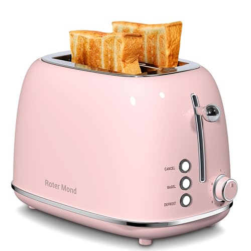 Roter Mond 2 Slice Toaster Retro Stainless Steel with Bagel, Cancel, and Defrost Functions, 6 Bread Shade Settings, Extra Wide Slots and Removable Crumb Tray, Pink - color: Pink