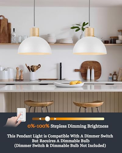 ELYONA 2 Pack Hammered Pendant Lights, 12" Modern Metal Dome Hanging Lamp Solid Wood Pendant Light Fixtures for Kitchen Island, Farmhouse, Dining Room, Sink, Bedroom, Hallway, Japandi White - color: White - 2 Pack