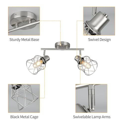 WILON Industrial Track Lighting Kit, 2 Light Modern Track Lighting Fixtures Brushed Nickel Flush Mount Ceiling Light Rotatable Light Head E26 Base Ceiling Spotlight for Kitchen Dining Room Hallway - color: Brushed Nickel, size: 2-Light-Cage