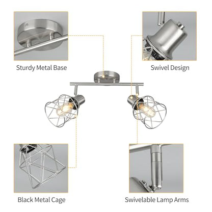 WILON Industrial Track Lighting Kit, 2 Light Modern Track Lighting Fixtures Brushed Nickel Flush Mount Ceiling Light Rotatable Light Head E26 Base Ceiling Spotlight for Kitchen Dining Room Hallway - color: Brushed Nickel, size: 2-Light-Cage