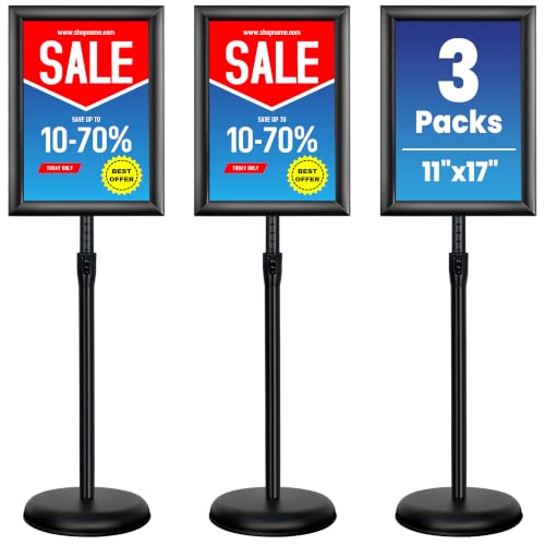 3 Pack 11x17 Inch Sign Holder Stand, Adjustable Pedestal Sign Stand, Heavy Duty Floor Standing Sign Holder, Aluminum Snap Open Frame Poster Stand, Vertical & Horizontal Display (Black) - color: Black, size: 11"x17"-3Pack