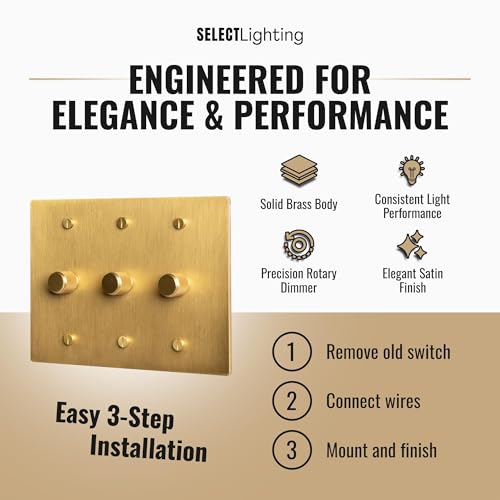SELECT 3 Gang Solid Brass Rotary Dimmer Switch, 3-Way & 1-Way Compatible - color: Satin Brass, size: 3 Gang, style: 1/3-Way Dimmer