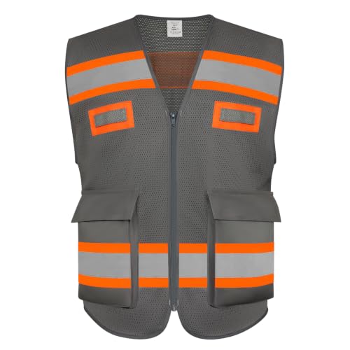 TCCFCCT Safety Vest 2 Pocket Mesh Reflective Vest with Zipper, Grey S - color: Hawks 01-mesh Grey, size: Small