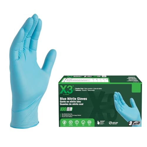 X3 Industrial Blue Nitrile Gloves, Box of 100, 3 Mil, Size X-Large, Latex Free, Powder Free, Textured, Disposable, Non-Sterile, Food Safe, X348100BX - size: X-Large (Pack of 100)