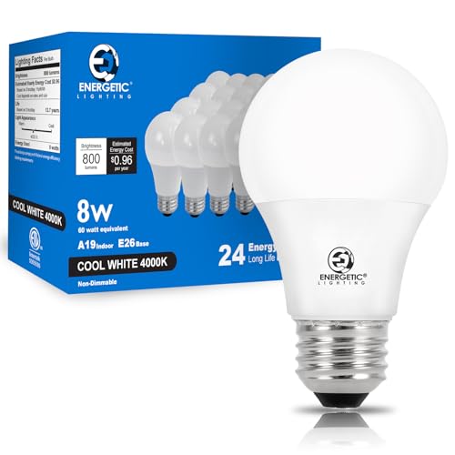 E ENERGETIC LIGHTING Light Bulbs 60 Watt Equivalent, A19 Cool White LED Light Bulbs, 15000 Hrs E26 Base, 8W, 800LM, 4000K Light Bulb, ETL Listed, Non-Dimmable, 24-Pack - size: 24 Count (Pack of 1)
