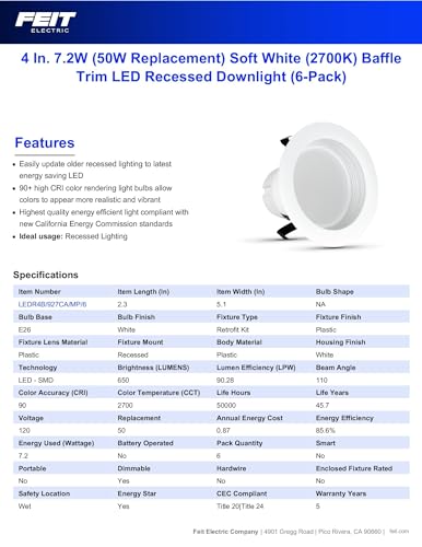 Feit Electric 4 inch LED Recessed Downlight - Baffle Trim - Standard E26 Adapter - 2700K Soft White - Dimmable- 50W Equivalent - 45 Year Life - 650 Lumen, 6-Pack, LEDR4B/927CA/MP/6 - color: 2700K Soft White, size: 4 Inch (Pack of 6), style: Standard