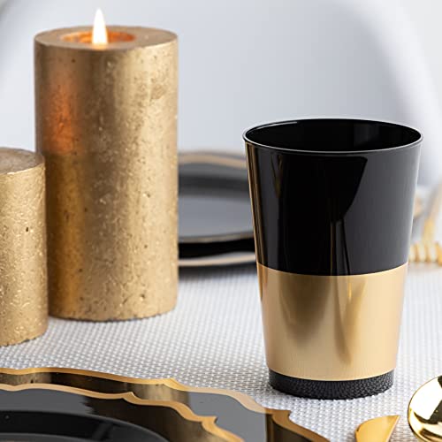PLASTICPRO Disposable 12 oz Black Plastic Tumblers With Gold Band for Party's & Weddings pack of 40 - color: Black With Gold Band