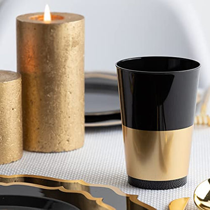 PLASTICPRO Disposable 12 oz Black Plastic Tumblers With Gold Band for Party's & Weddings pack of 40 - color: Black With Gold Band