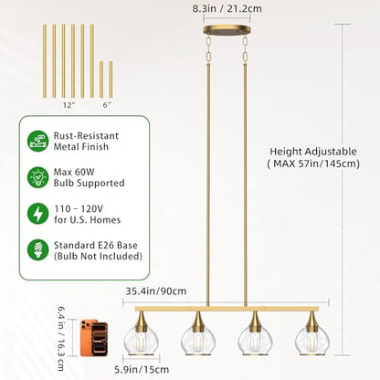 Phaosio Brushed Gold Kitchen Island Linear Pendant Light, 4-Light, E26 Base - color: Gold, size: 4-Light