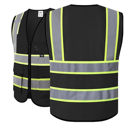 JKSafety Safety Vest for men women Hi Vis Vest with Pockets and Zipper High Visibility Reflective Vests BX320 - color: Black, size: 3X-Large