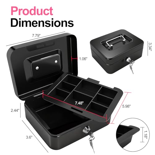 8" Cash Box with Money Tray, Black, Medium - color: Black, size: Medium