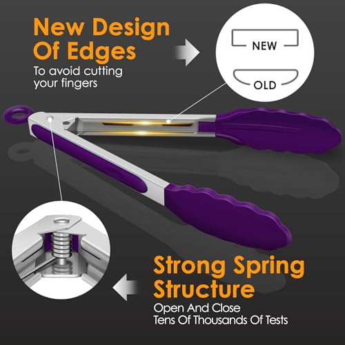 HOTEC Stainless Steel Kitchen Tongs with Silicone Tips, Set of 2-9" and 12" - color: Purple:12+9inch
