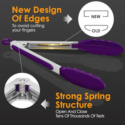 HOTEC Stainless Steel Kitchen Tongs with Silicone Tips, Set of 2-9" and 12" - color: Purple:12+9inch