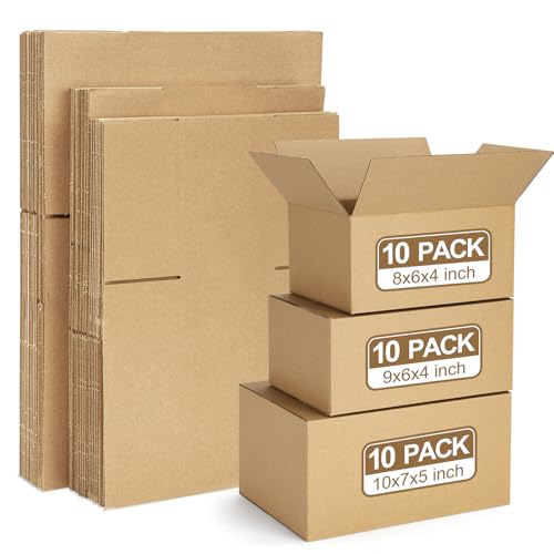 Eupako 30 Pack Small Shipping Boxes Assorted Sizes, 8x6x4 & 9x6x4 & 10x7x5 10 PCS Each Mailing Boxes, Brown Corrugated Box Mailers, Cardboard Boxes for Packaging Small Business - color: Brown, size: 8x6x4 & 9x6x4 & 10x7x5 Inches