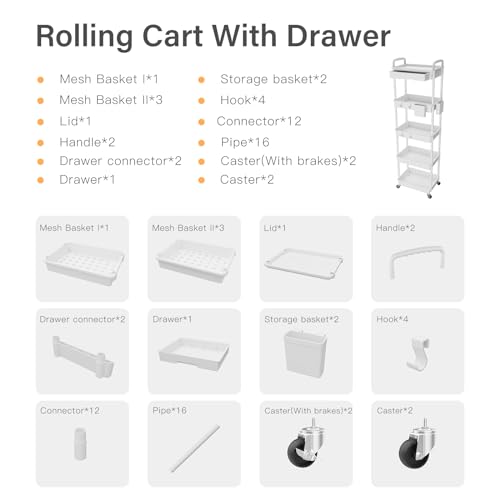 5 Tier Rolling Utility Cart with Drawer,REBECAT Utility Cart Made of Multifunctional Storage Organizer Tool for Kitchen,Bathroom,Living Room,Office(White) - color: White