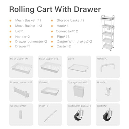 5 Tier Rolling Utility Cart with Drawer,REBECAT Utility Cart Made of Multifunctional Storage Organizer Tool for Kitchen,Bathroom,Living Room,Office(White) - color: White