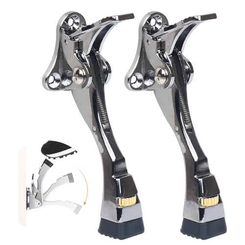 2 Packs Heavy Duty Kickdown Door Stopper, One Touch Adjustable Kickdown Door Stop for Heavy Doors, 4 in Metal Door Kickstand with Rubber Tip & Wall Protectors for Wide Doors- Sliver - color: Silver, size: 4 inch x 2pack