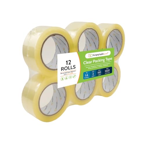 PSBM Clear Packing Tape, 12 Rolls, 1.6 Mil Thick, 1.88 Inch Wide, 110 Yards Per Roll, Total 1320 Yards, Heavy Duty Tape for Packaging, Shipping, Moving & Sealing - size: 12 Rolls
