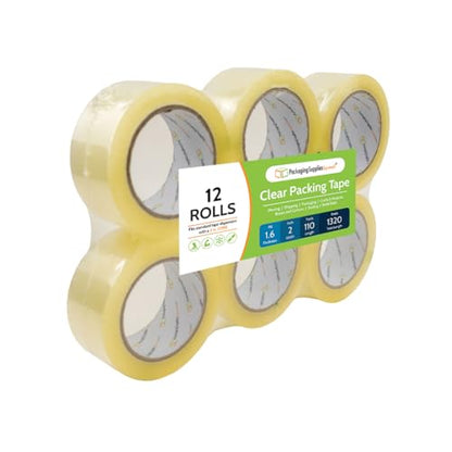PSBM Clear Packing Tape, 12 Rolls, 1.6 Mil Thick, 1.88 Inch Wide, 110 Yards Per Roll, Total 1320 Yards, Heavy Duty Tape for Packaging, Shipping, Moving & Sealing - size: 12 Rolls