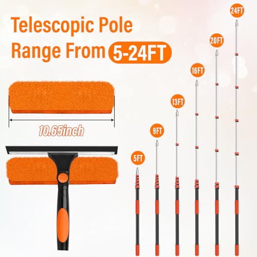 30FT Telescoping Window Squeegee Kit with Extension Pole - size: 24FT