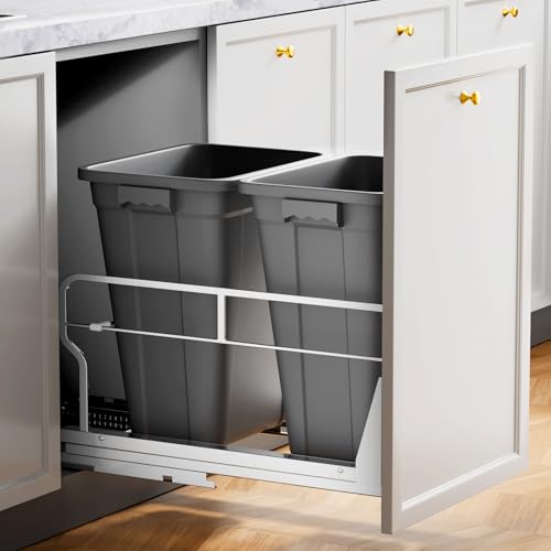 Insputer Dual 40QT Pull Out Trash Can Under Cabinet with Soft-Close Slides - color: Silver, size: Double-10Gal