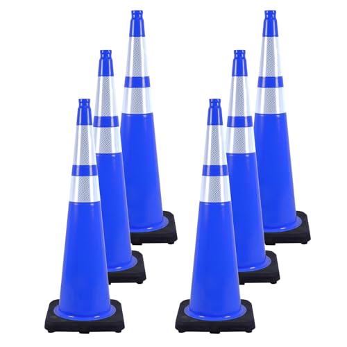 6 Pack 36 Inch Blue Heavy Duty PVC Cones with Stable Black Base, Professional Traffic Management, Parking Lots, Highway Safety, Work Sites (6, Blue, 36 Inch) - color: Blue, size: 36 Inch