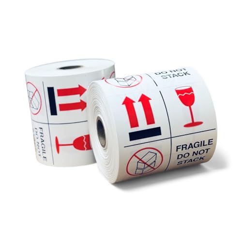 Labels and More 4" x 4" Fragile/Do Not Stack Labels Special Handling Shipping Stickers (White, Red & Black) 1 Roll of 500 Self-Adhesive Labels
