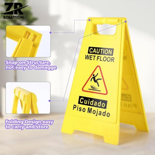 24 Inches Caution Wet Floor Sign Bright Yellow Double Sided Bilingual Caution Message Folding A-Shaped Frame Design Safety Warning Wet Floor Sign Collapsible Commercial Warning Sign Prevent Slip