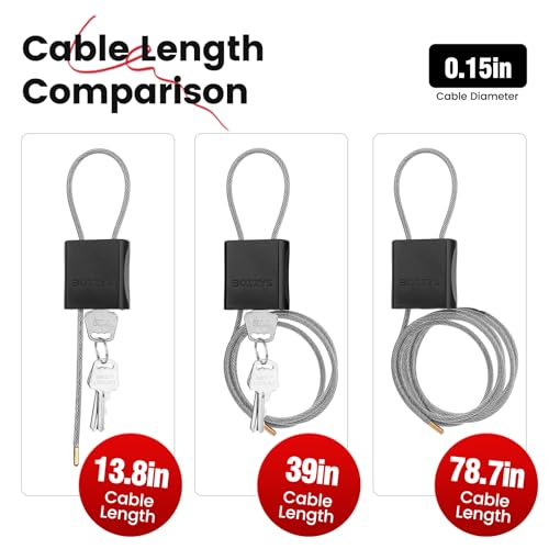 Adjustable Cable Locks with 6 Same Keys, 3-Pack, Black - color: black | 3pack(1.15ft,3.28ft,6.56ft)/set-6 same keys | Dia 1/6in(4mm)